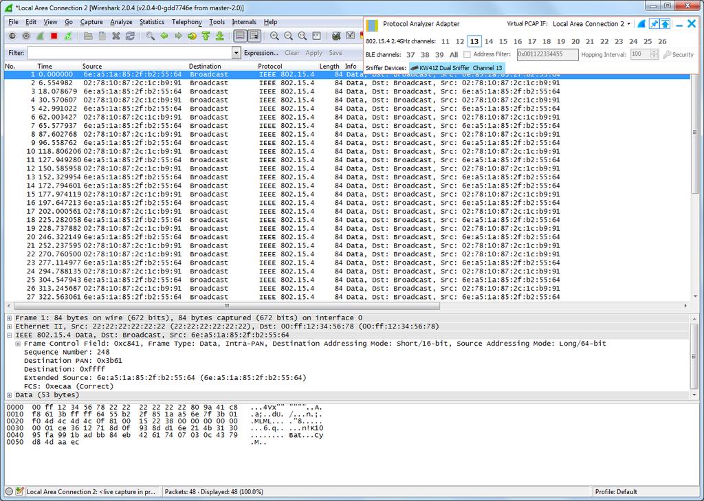 4.2 Sniffing IEEE 802.15.4 Wireless Communications 4.2.1 Wireshark Protocol Analyzer Adapter Start the capture by pressing one of the 802.15.4 Channel buttons when the sniffer is idle.