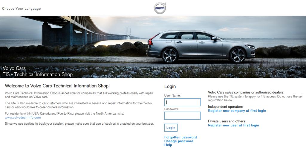 2 LOGIN TIS is accessed via the login page (http://tis.volvocars.biz/tis). Fig. 1 TIS login page When logged in, TIS displays the Search products page, see chapter 4 Search products on page 9. 2.