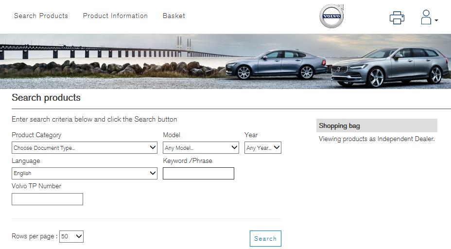 4 SEARCH PRODUCTS On the Search products page, it is possible to search for available Volvo Cars information products to purchase. Fig.
