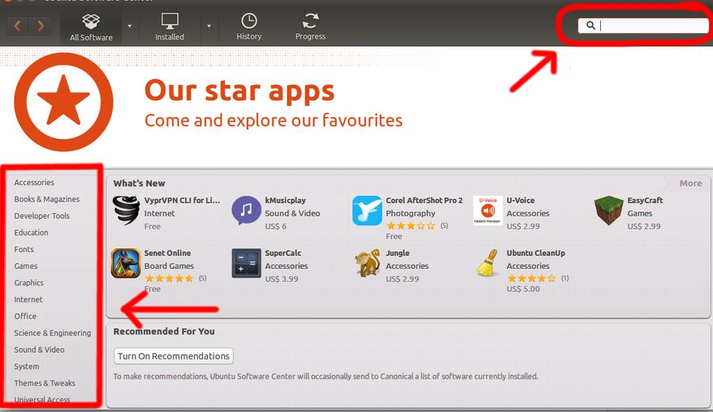 You can search for specific applications in the search bar or to the