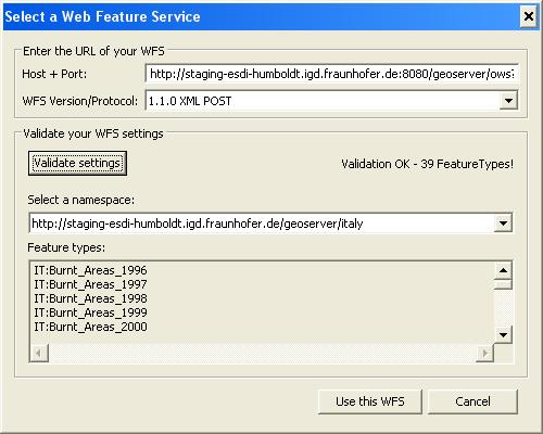 Figure 3: This screenshot shows the dialogue used to load a source schema from a Web Feature Service's