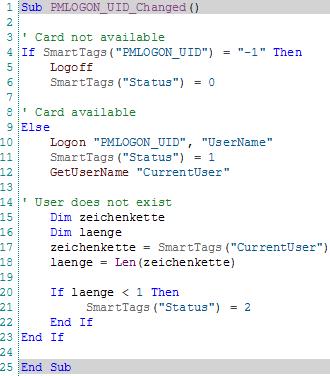 4. Add the following code in the script. The script reads from the PMLOGON_UID tag. PMLOGON_UID supplies the value "-1" when the card is removed from the reader.