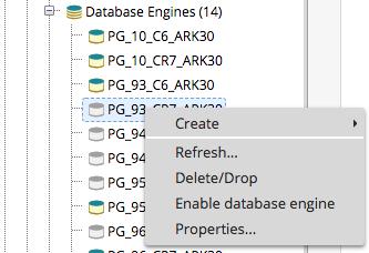 Figure 2.13 - The engine's context menu. To manage the engine, select from the menu options: Option Refresh Delete/Drop Enable database engine Disable database engine Properties.