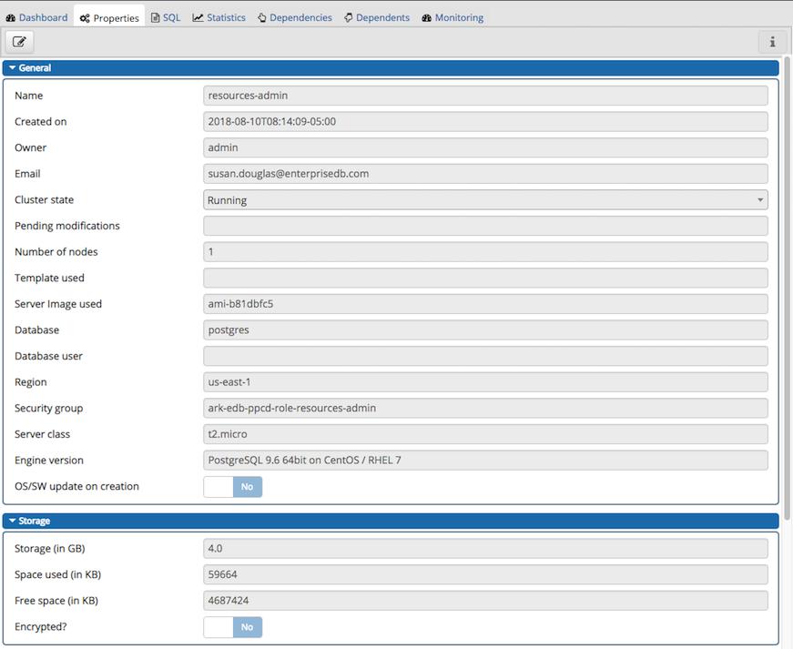 To view information about the cluster configuration, select the cluster name in the PEM Browser tree control and navigate to the Properties tab. Figure 2.35 - The Cluster Properties tab.