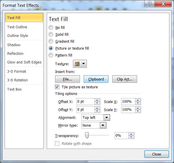 7. In the Format Text Effects window, click on Text Fill and Picture or texture fill.