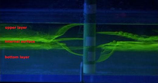 Figure 8: The visualization of the waste disposal into the two layer fluid. The dye (fluorescein) is injected into the two layer fluid. Upper layer has salinity 1.