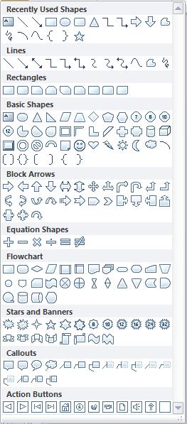 CREATING A PRESENTATION INSERTING A SHAPE: To insert a shape into your slide, click on the INSERT tab and select SHAPES from the ILLUSTRATIONS group. The SHAPES dialog box will open.