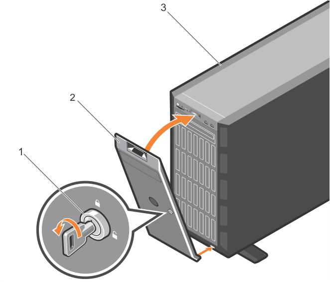 Figure 16. Installing the front bezel 1 bezel key 2 bezel 3 system Related link Removing the optional front bezel System feet The system feet provide stability to the system in the tower mode.