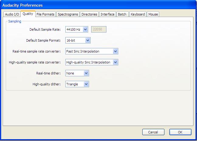 Both of these setting can be altered in the Edit Menu in the Preferences section. This opens a window called Audacity Preferences, once in this window select the Quality Tab as shown in fig 15.