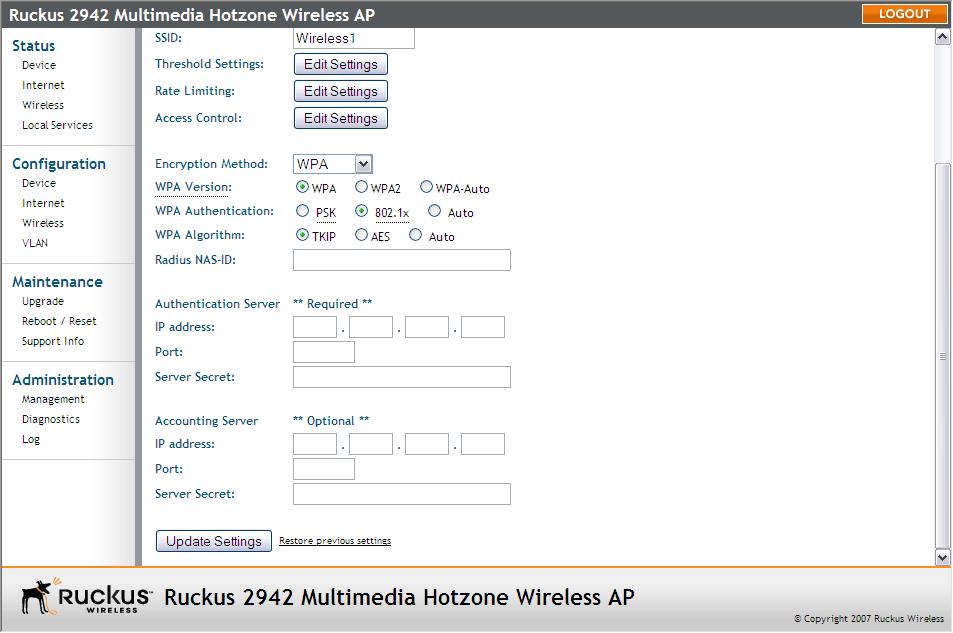 Configuring the Access Point Configuring WLAN Settings NOTE: If you are using ZoneFlex 7962 AP, go to Configuration > Radio 2.4G or Configuration > Radio 5G. 2. Click a Wireless # tab to configure.