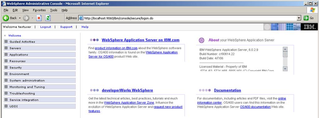Click the link WebSphere Application Server to display the Welcome page for the Application Server: Set JVM Requirements Setting