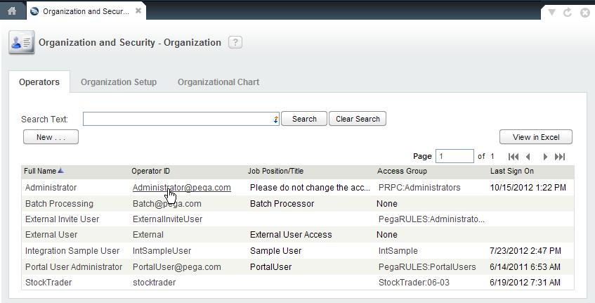 Step 10 - Final Settings in Process Commander 1. Still on the Organization page, click the Operators tab: 2. In the Operator ID column, click Administrator@pega.