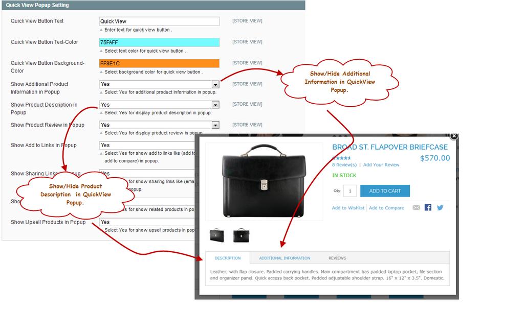 Show Additional Product Information in Popup: Manage Show / Hide to display product's Additional Information into Quick