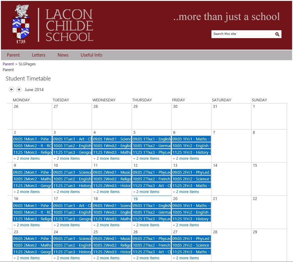 screen shot shows an example of the Timetable link You can scroll through the various months using the