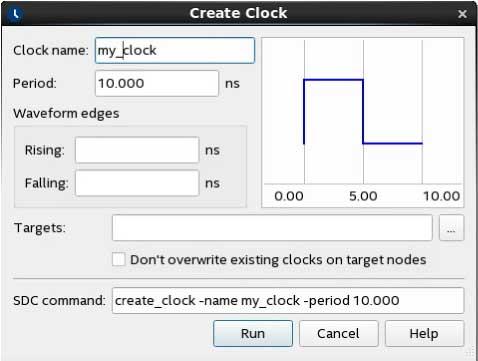 Figure 34. Create Clock Dialog Defines Clock Constraints 2. Save the.sdc file.