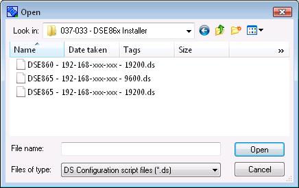 Select DSE860 for the RS232 interface. Select either of the two DSE865 files for 9600 baud or 19200 baud RS485 operation.