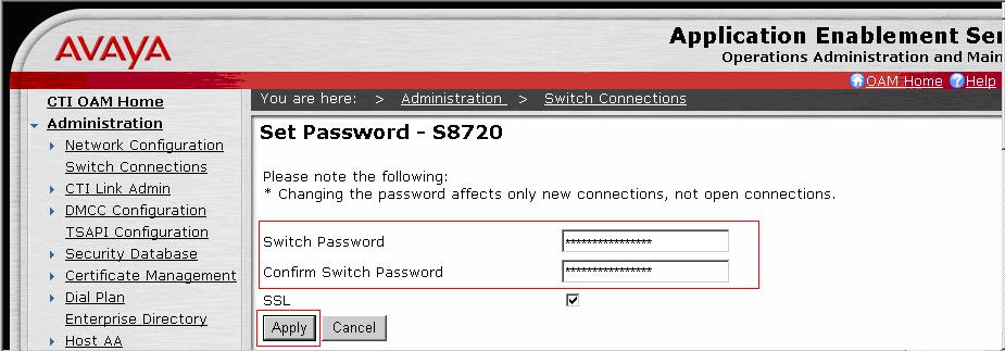 The next window that appears prompts for the Switch Connection password.