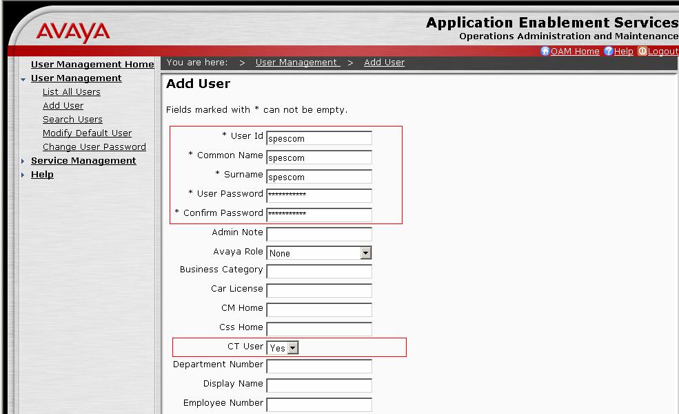 User Id Common Name Surname User Password Confirm Password The above information (User ID and User Password) must match with the information configured in the DataVoice Configuration page in Section