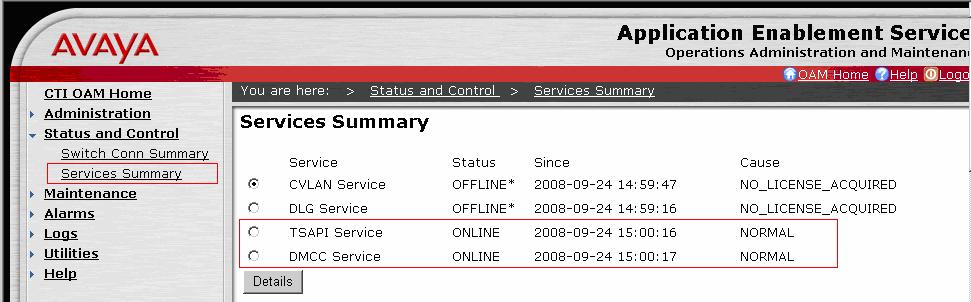 7.2. Verify Avaya Application Enablement Services From the CTI OAM Admin web pages, verify the status of the TSAPI and DMCC Services are ONLINE, by selecting Status and Control Services Summary from