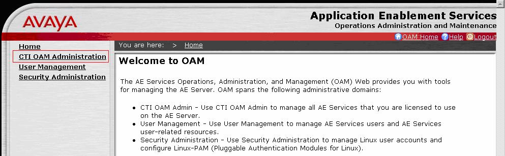 Select the CTI OAM Administration link from the left pane of the screen.