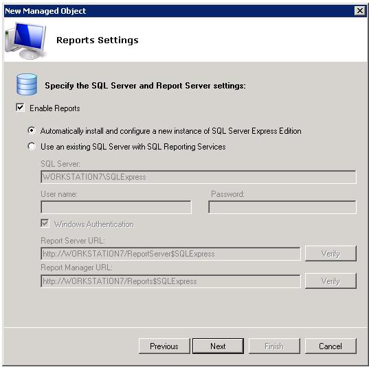 9. On the Reports Settings step, select the Enable Reports check box if you want to use the SSRS-based Reports: Figure 8: New Managed Object: Reports Settings Note: If you do not enable the Reports