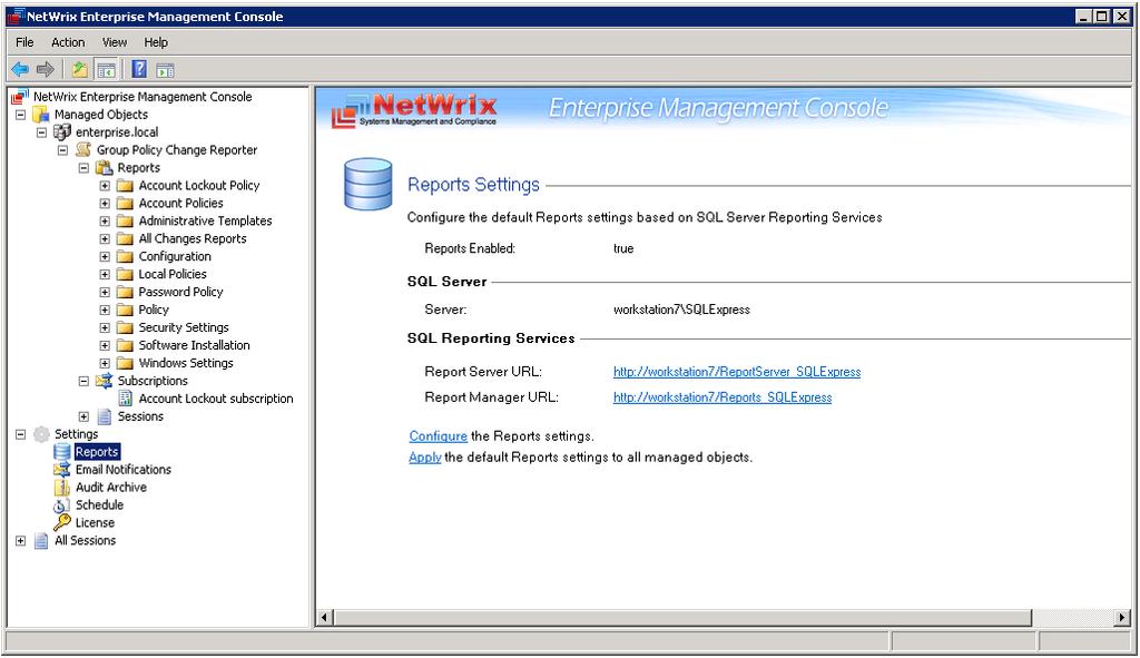 7.1. Configuring the Reports Settings The Reports option allows configuring the SQL Server and Report Server settings.