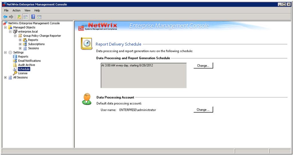 Procedure 21. To modify Data Processing Account settings 1. In NetWrix Enterprise Management Console, navigate to Settings Schedule. Alternatively, you can click Schedule in the Settings page.