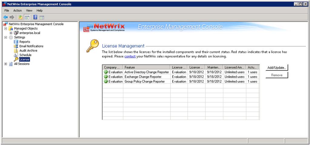 Figure 47: Settings: License 2. The following options are available: To add/update your licenses, click the Add/Update button.