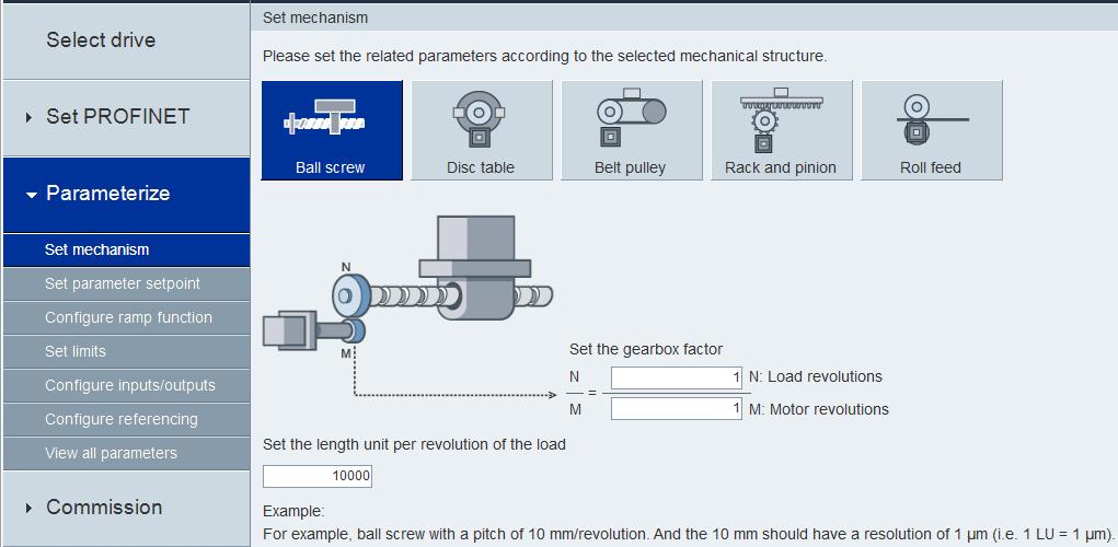 Siemens AG 2018 All rights reserved 4 Configuration Description 5. Configure mechanism Set relevant mechanism parameters according to actual mechanism system: 1. Click Parameterize. 2. Click Set mechanism.
