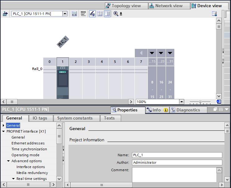 In the Network view, double-click PLC to enter the device view of SIMATIC