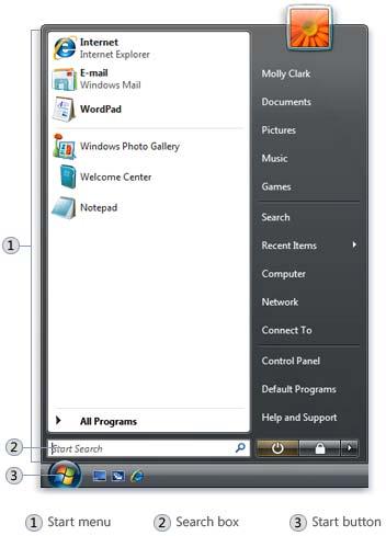 The Start menu is divided into three basic parts: The large left pane shows a short list of programs on your computer.