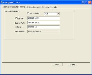 5.4 5.4.1 Main interface of the tool Network settings Functions Description DHCP s or disables the DHCP function. IPv4/IPv6 Select IPv4 or IPv6 in the combo list. The IP addresses can be changed.