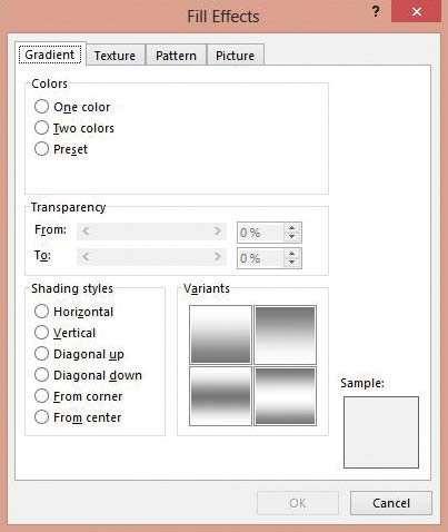 Display and Share Data 401 Figure 13-18 Fill Effects dialog box 5. Click the Horizontal option button in the Shading styles section and click OK. 6.