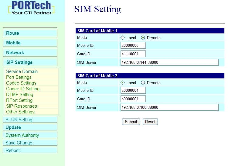 10.2 SIM Setting (MV37X) *Mode: When the SIM is inserted to SIM holder in MV, user should select Local mode. If the SIM card is inserted in FTA, user should select Remote.