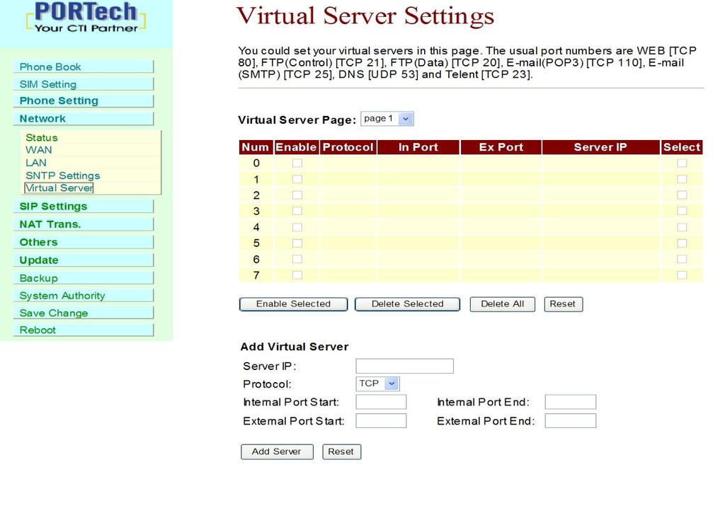 12.5 Virtual Server You could set your virtual servers in this page.