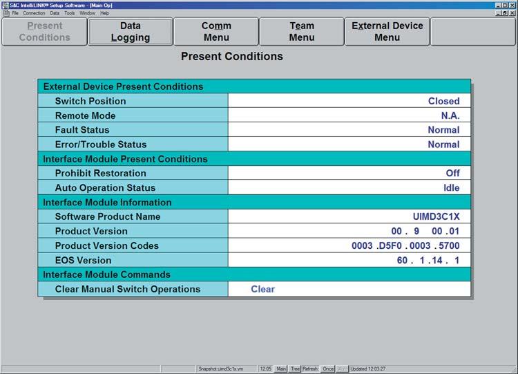 IntelliLINK Software View the Present Conditions Screen The PRESENT CONDITIONS screen (Figure 1) shows the present status of various switch control settings, any existing fault and error conditions.