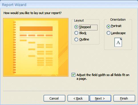 This Report Wizard screen allows you to select a layout for your report. Click-in the small circles to the left of each choice in the Layout area and observe the results.