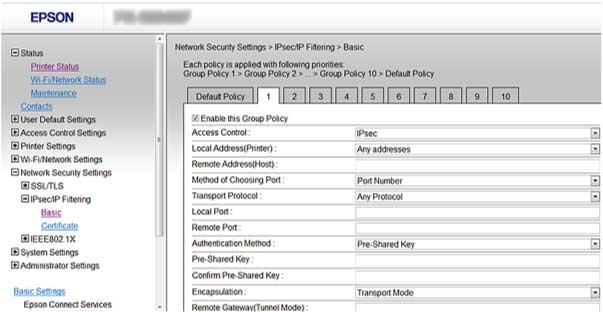 Configuring Group IPsec/IP Filtering Policies You can configure group policies for IPsec/IP traffic filtering using Web Config. 1. Access Web Config and select Network Security Settings. 2.