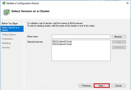 4. In the [Select Servers or a Cluster] dialog box, add the server hostnames of the