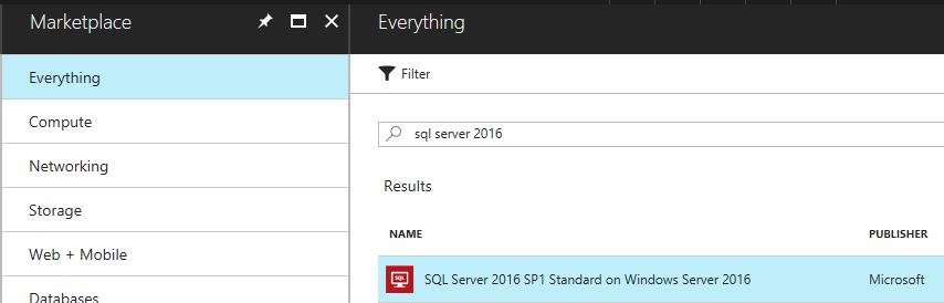 2 INSTALL SQL 2016 IN AZURE On the Hub Menu, click [+], [Compute], and search for [SQL Database].