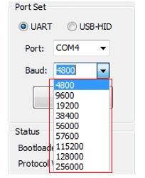 User interface Main window Figure 6. Baud rate list (default) You may select one from the drop-down list or simply type your defined baud rate.