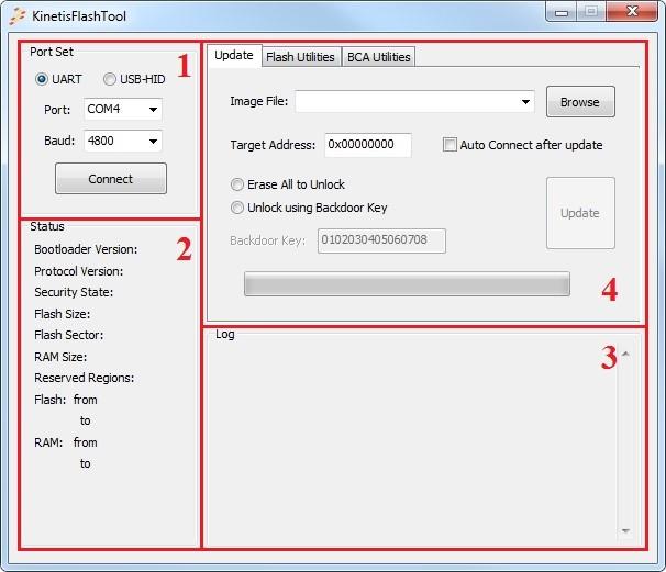 User interface Main window Chapter 4 User interface This section describes the UI pages shown in the Kinetis Flash Tool to gather the necessary information and user operation intentions. 4.1 Main window The main window consists of the four parts shown in the following figure.