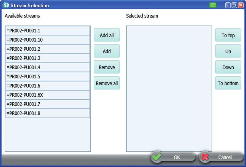 User interface reference 15.4 "Stream selection" window Control element "Hide", "Show" buttons "Reset" button Description For hiding and showing components and groups in the mass balance.