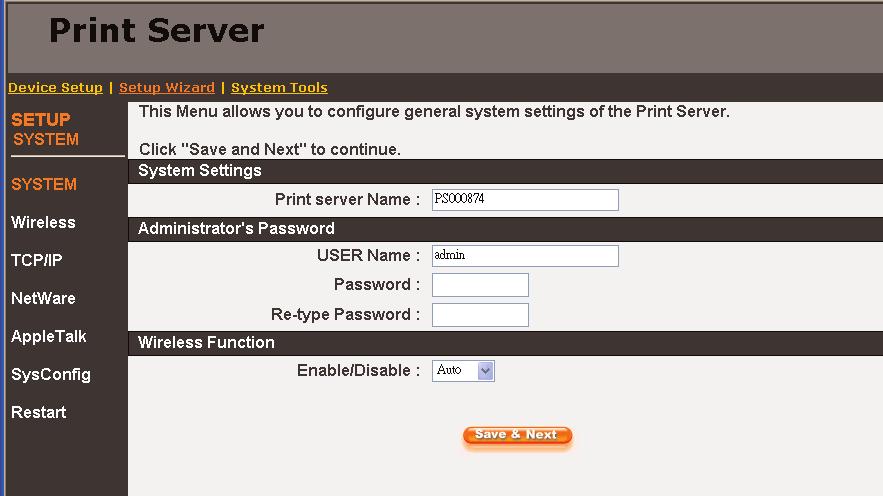 PURE NETWORKING WIRELESS USB 10/100 PRINT SERVERS Figure 9-7. Setup screen. Table 9-2 describes the options shown in Figure 9-7. Table 9-2. Setup parameters.