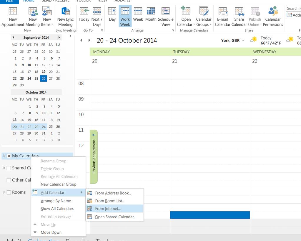 Calendars and select Add Calendar and click From Internet.