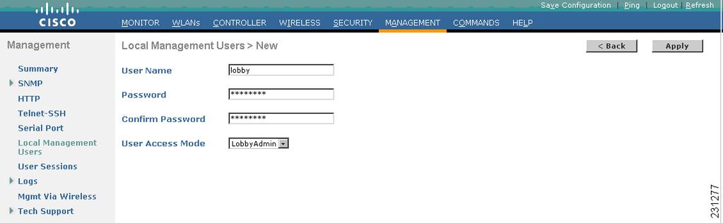 Creating Guest Access Accounts Figure 9 Local Management Users Summary Window This Local Management Users window lists the names and access privileges of the current local management users.