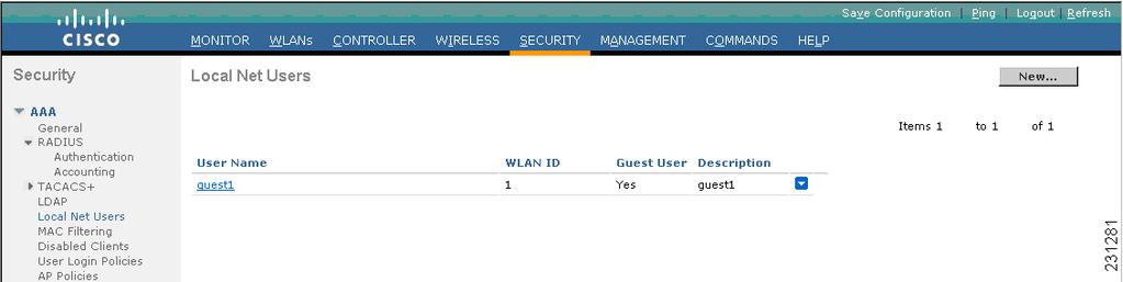 Web Authentication Process Figure 14 Local Net Users Page From the Local Net Users page, the system administrator can see all of the local net user accounts (including guest user accounts) and can