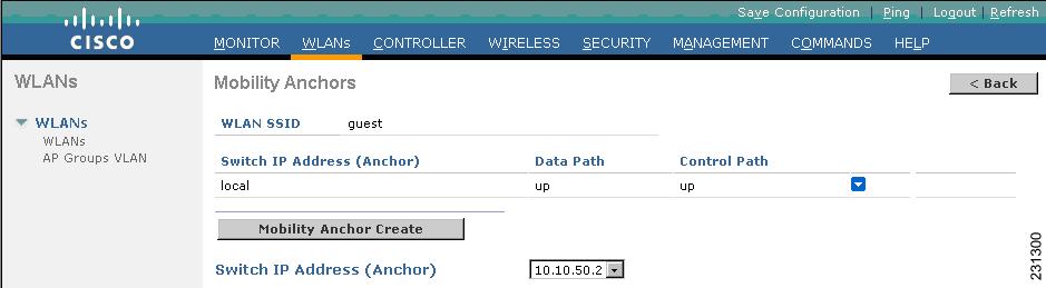 Step 6 Step 7 Click Save Configuration to save your changes. To configure the DMZ controller, select Mobility Anchor from the blue arrow drop-down menu next to the desired WLAN (see Figure 22).