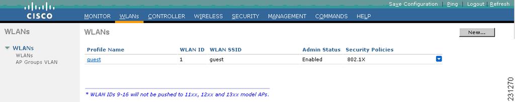 Configuring Guest Access on the Cisco Wireless LAN Controller Modifying the WLAN Instance to Define Security Policies After configuring the IP address for the guest and secure VLAN interfaces for the