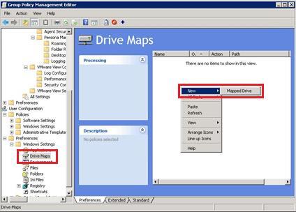 Mapped drives VSPEX Configuration Guidelines Create two mapped drive configurations one for the user s files and one for the user s profile.